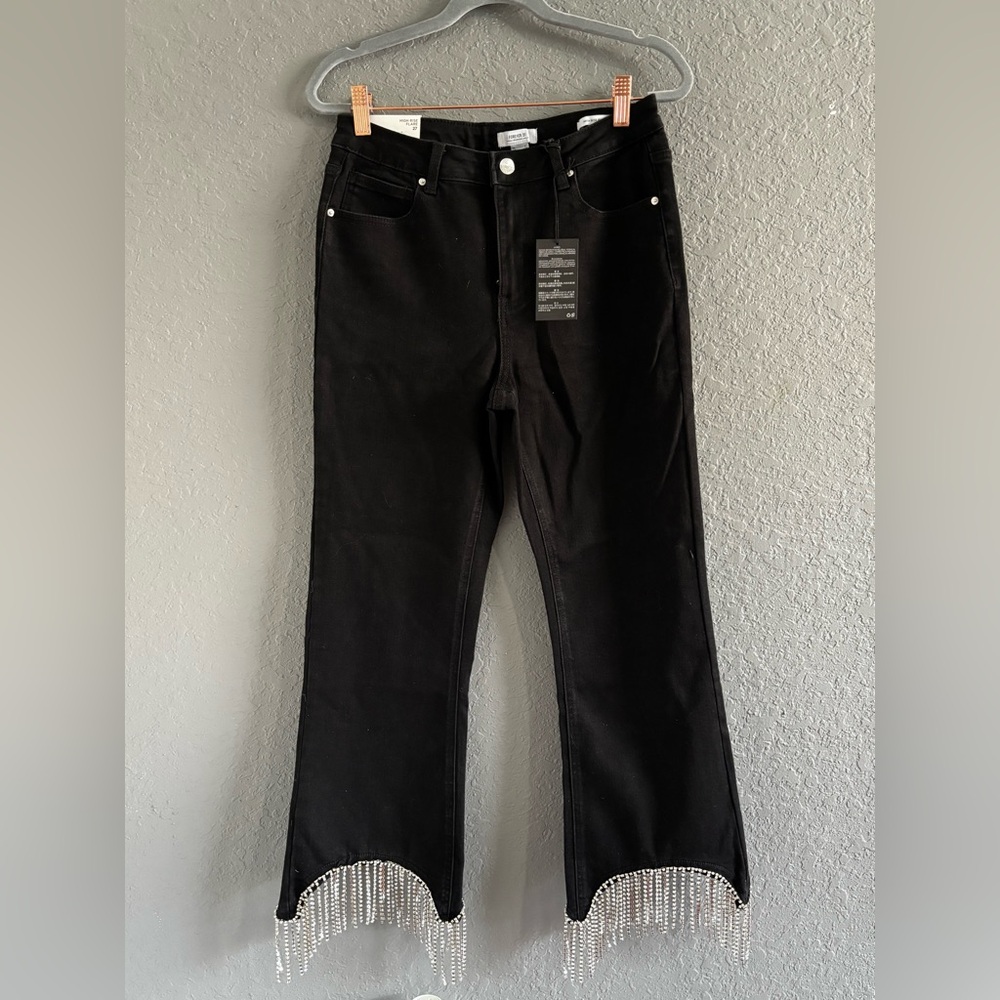 Rhinestone Fringe High-Rise Flare Jeans